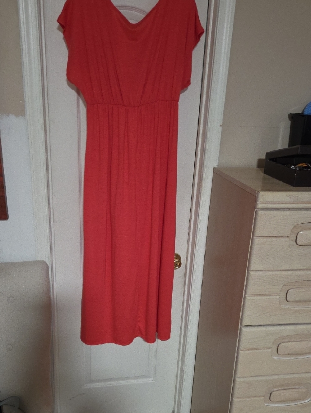 Women's Coral V-Neck Maxi Dress with White Print - Soft Jersey - Picture 10 of 11